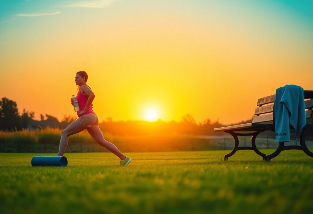 A person stretches on a grassy field at sunset, holding a water bottle and placing one foot on a rolled mat. A wooden bench with a draped towel is nearby. The sky is vivid with hues of orange, yellow, and blue.