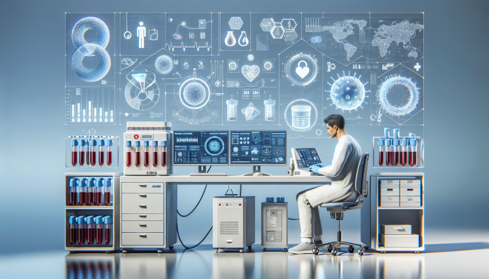 Modern lab with advanced blood testing units, universal symbols, and point-of-care device in use.