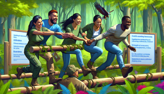 A diverse team navigating an obstacle course in a lush forest, symbolizing strengthened bonds and trust.