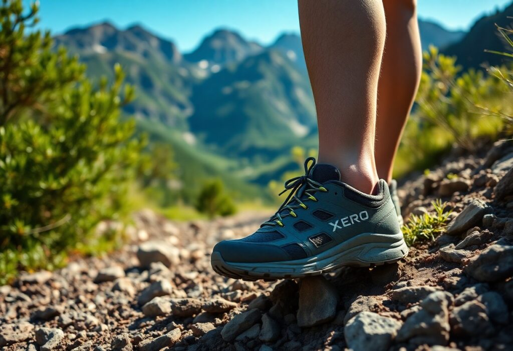 Close-up of a person's legs wearing hiking shoes standing on a rocky trail. The trail leads through mountainous terrain visible in the background, under a clear blue sky. Greenery surrounds the path, and the focus is on the footwear.