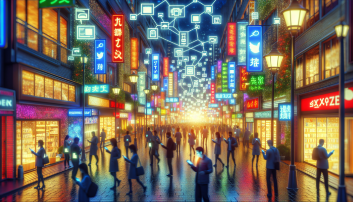 A lively local street with shops displaying Google Business signs, attracting smartphone users for local SEO.