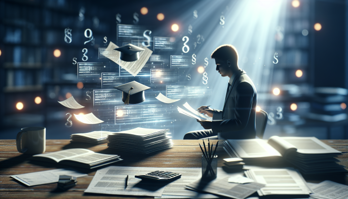 Strategies for Consolidating Student Loans: A Guide | DCL A person organizing student loan documents on a desk, with labels showing balances and interest rates, in a calm, empowering light.