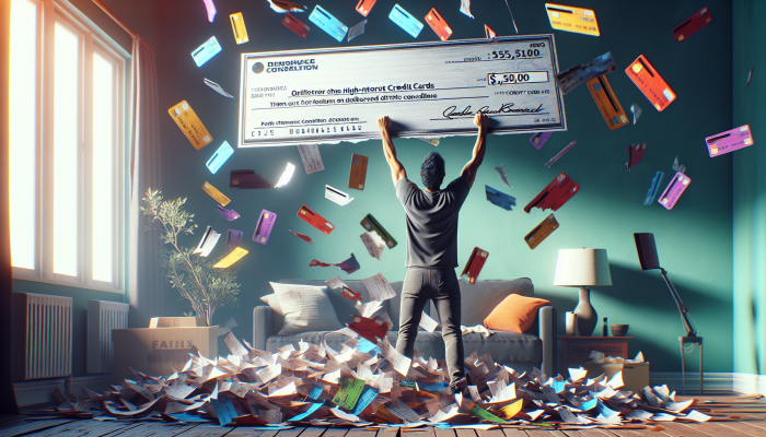 Clearing Up Debt Consolidation Confusion: A Clear Guide | DCL Person holding "Personal Loan" check, surrounded by shredded credit card statements, symbolising debt consolidation and financial freedom.