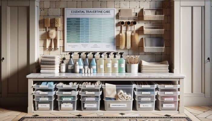 Well-organised cleaning station in an Australian home featuring travertine care essentials such as cleaners, brushes, and cloths on a travertine floor.