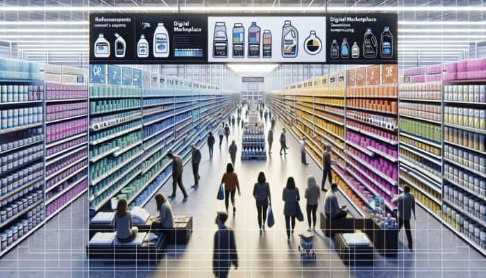 Aisle in an Australian hardware store showcasing travertine cleaning products, featuring B&Q, Wickes signs, and online listings displayed on a screen.