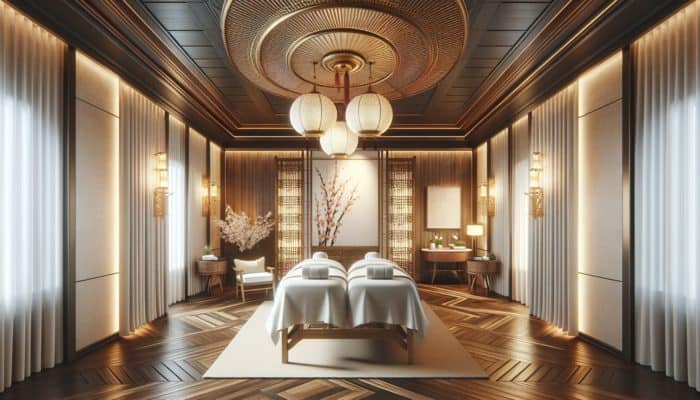 A serene couple's massage suite at The Spa at Mandarin Oriental, Las Vegas, showcasing elegant decor and Eastern-inspired treatments.