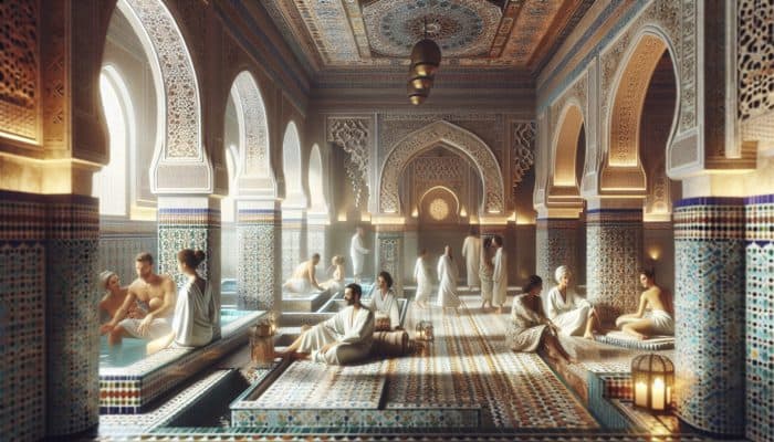 Luxurious Moroccan-inspired spa featuring hammam rituals for couples, adorned with intricate tilework and soft lighting.