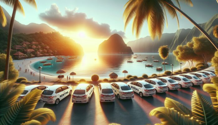 A tranquil Bali beach with rental cars, illustrating the advantages of early booking during peak season.