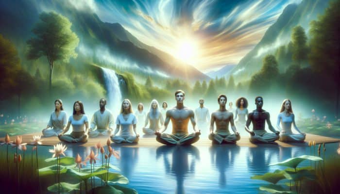 A serene landscape with vibrant adaptogenic plants like ashwagandha and ginseng, people looking revitalised and fatigue-free under a glowing sky.