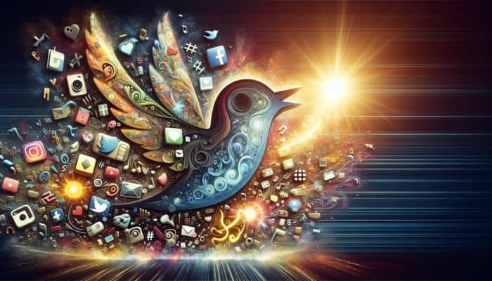 A vibrant collage of social media icons and luminous '#' symbols illustrating hashtag trends.