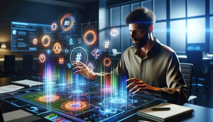 A digital marketing expert analysing trending hashtags on an advanced screen with SEO graphs and colourful data visuals in a contemporary office.