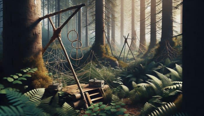 A wilderness scene featuring various DIY survival traps, including twine snares and gravity-powered deadfall traps, set amid trees and underbrush.