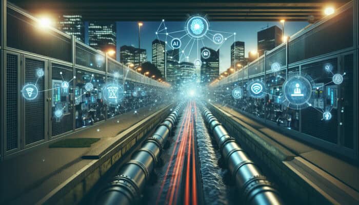 A futuristic sewer system in Surrey utilising AI and IoT, illustrating real-time data and predictive alerts on a digital interface.