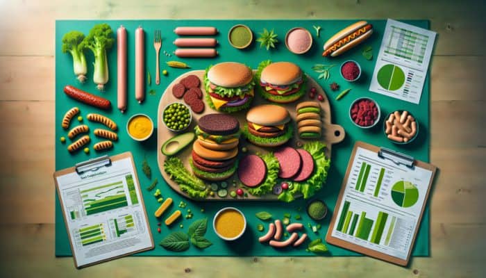 A variety of plant-based meat substitutes like burgers and sausages presented on a green-themed table.