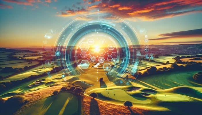 Aerial view of Cotswold Downs at sunset with tech overlays symbolising innovation and growth.