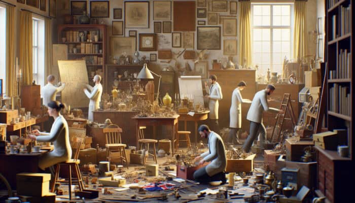 Experts efficiently sorting and clearing antiques in a UK home, conveying warmth and nostalgia.