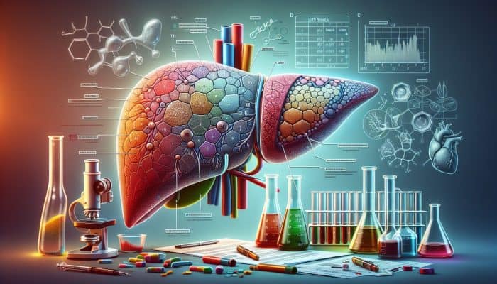 Illustration of a liver with highlighted sections showing enzyme levels, protein markers, and health indicators.