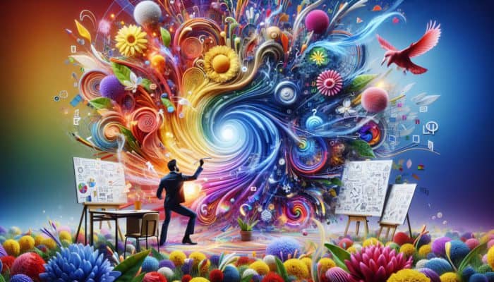 A content creator amidst colorful, swirling ideas and blooming flowers, symbolising fresh content strategies.