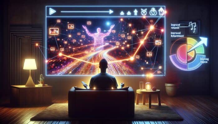 A viewer engaged with a playlist on a screen, with graphs showing increased retention, in a cosy room.