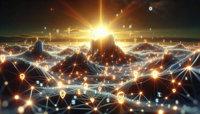 A futuristic digital landscape where AI algorithms optimise link structures for SEO, symbolising growth.