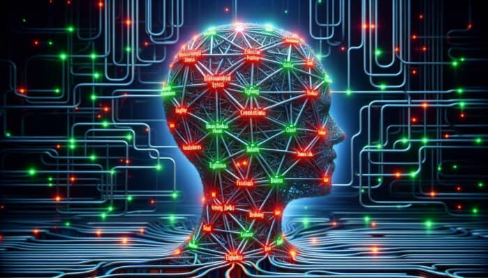 AI examining a network of backlinks, highlighting ethical connections in green and flagging spammy links in red.