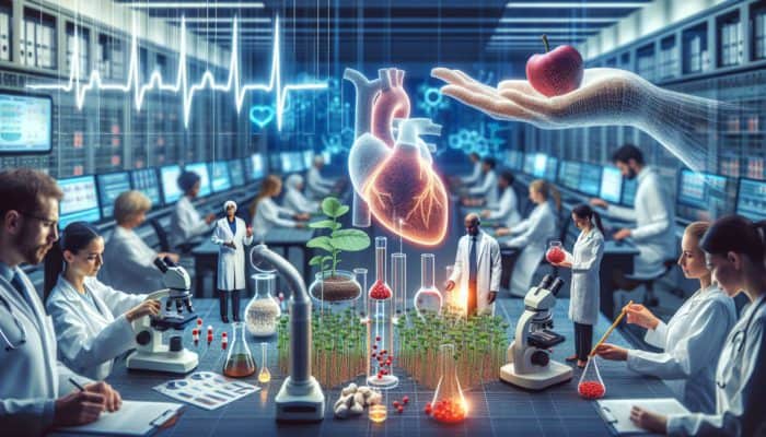 Researchers in a UK laboratory examining the effects of hawthorn and garlic on heart health using advanced equipment and analysis.