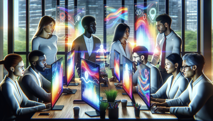 A digital marketing team analyzing SEO data on screens in a modern office, focusing on strategic content optimisation.