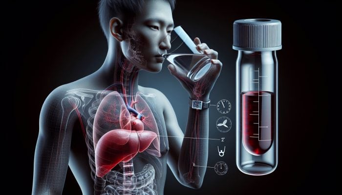 Person drinking water, holding a clock indicating 12 hours, with liver diagram and blood test vial, preparing for a liver blood test.