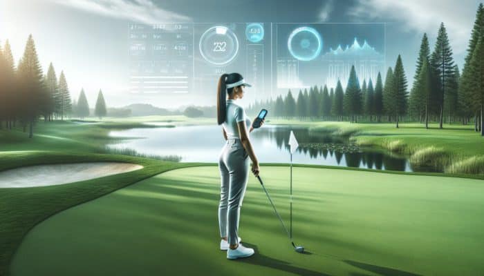 Golfer utilising a high-tech rangefinder on a scenic green course with a lake and trees in the background.