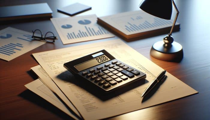 Calculator showing debt-to-income ratio, surrounded by financial documents on a wooden desk under a lamp.