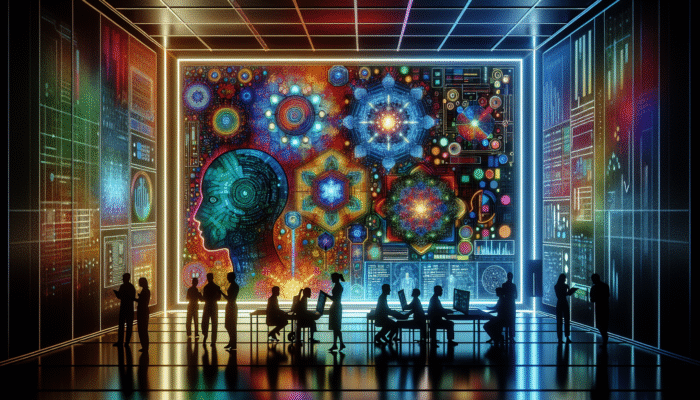 A futuristic interface with colorful graphs, AI algorithms, and experts analysing data in a neon-lit room.