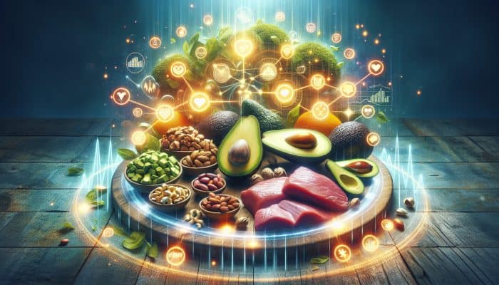 A table filled with low-carb foods, including avocados, nuts, and meats, alongside expert dietary tips and nutritional charts.