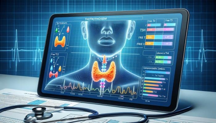 A medical chart displaying TSH, Free T4, and Free T3 levels with colour-coded indicators for thyroid conditions.