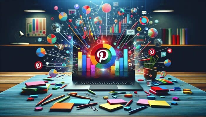 A laptop displaying Pinterest video pins, surrounded by strategy charts, traffic graphs, and colourful sticky notes in a modern office.