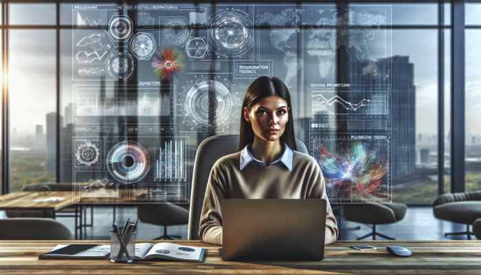 A data analyst analysing graphs and charts, focusing on seasonal promotion trends in a modern office.