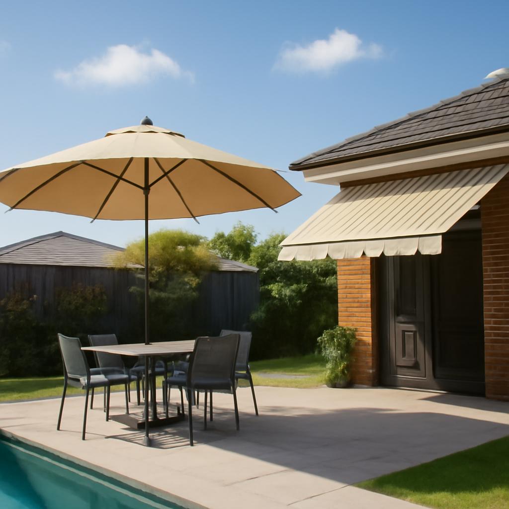 Illustration showcasing flexible freestanding shade options: umbrellas and retractable awnings for Brisbane backyards