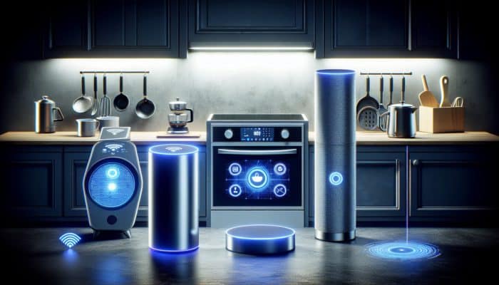 A modern kitchen displaying voice-activated gadgets including Amazon Echo, Google Nest Hub, smart oven, and coffee maker.