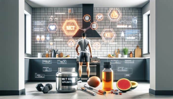 Individual in a modern kitchen consuming MCT oil in the morning, exogenous ketones before workouts, and midday electrolytes for energy and metabolism.