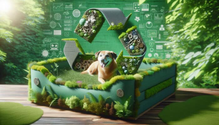 Cozy pet bed from recycled materials in a lush, green setting, symbolising sustainability.