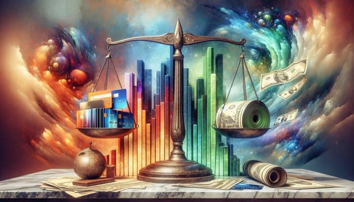 A scale balancing credit cards and a consolidation loan document against financial charts, symbolising balance transfer vs. consolidation decision.