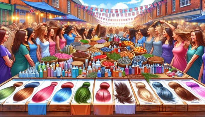 UK market scene with rosemary hair products, satisfied customers, and clinical charts showing effectiveness.