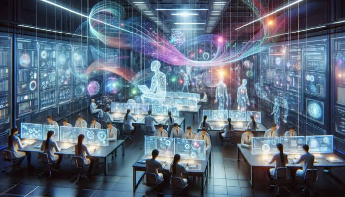 Futuristic lab with virtual assistants analysing data on holograms, scientists making decisions based on real-time analytics.