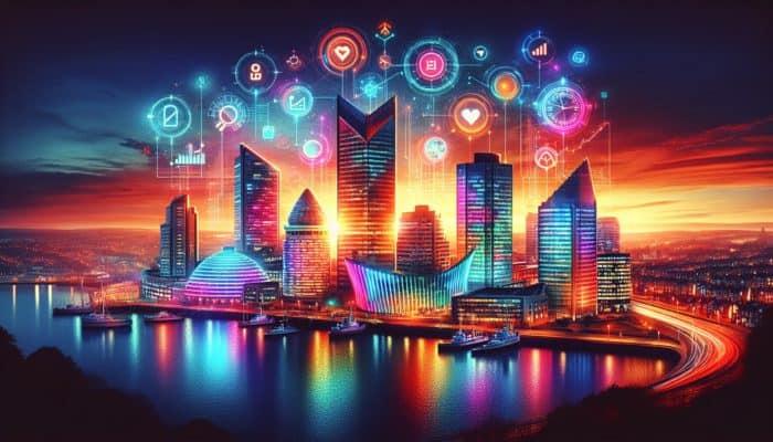 A vibrant Plymouth cityscape at sunset with glowing neon SEO keywords displayed above modern buildings.