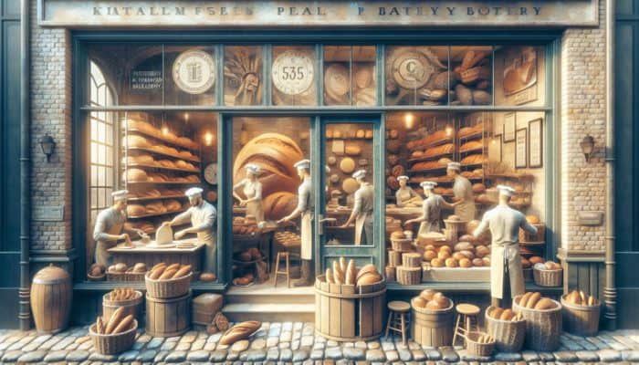 A lively Plymouth bakery showcasing fresh bread and signage promoting local SEO visibility.