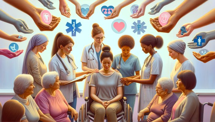 A diverse group of women with disabilities receiving personalized wellness support in a healthcare setting.