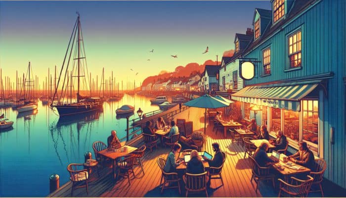 A tranquil Weymouth harbour at sunset, featuring experts blogging in a comfortable café.