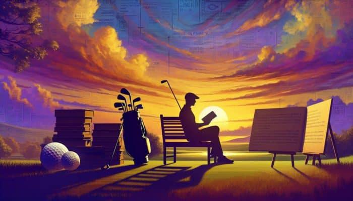 A tranquil golf course at sunset with an open book on a bench, surrounded by golf literature and the silhouette of a reading golfer.