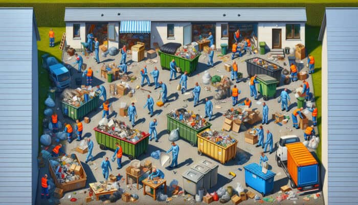 Summer house clearance with waste management experts sorting waste into labeled, sustainable bins under a sunny sky.