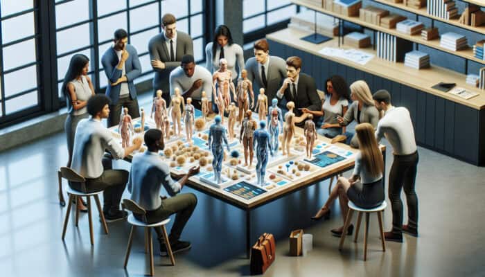 Startup team in a modern office workshop, discussing human vascular strategies, ethics, and biological models.