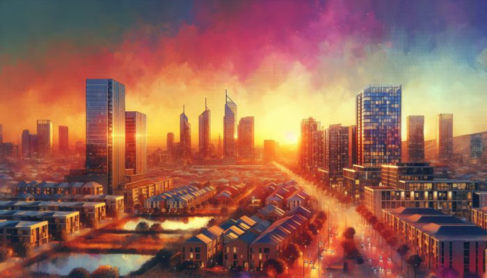 Krugersdorp skyline at sunset with modern developments, symbolizing investment growth and financial prosperity.